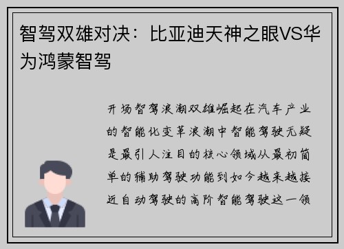 智驾双雄对决：比亚迪天神之眼VS华为鸿蒙智驾